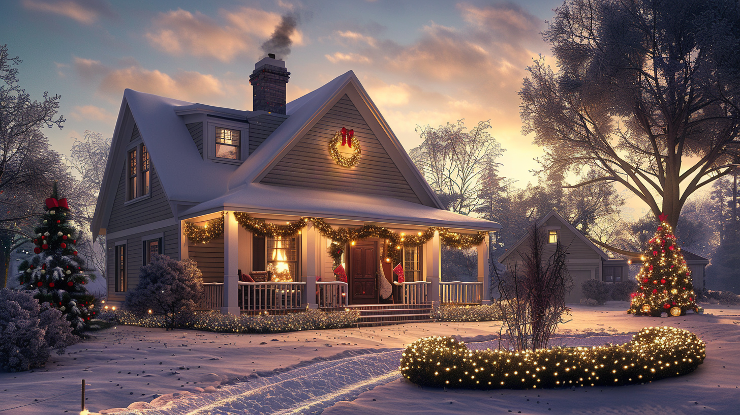 Commercial Surrey Christmas lighting installation with LED roofline outlines, shrub displays, and icicle lights.