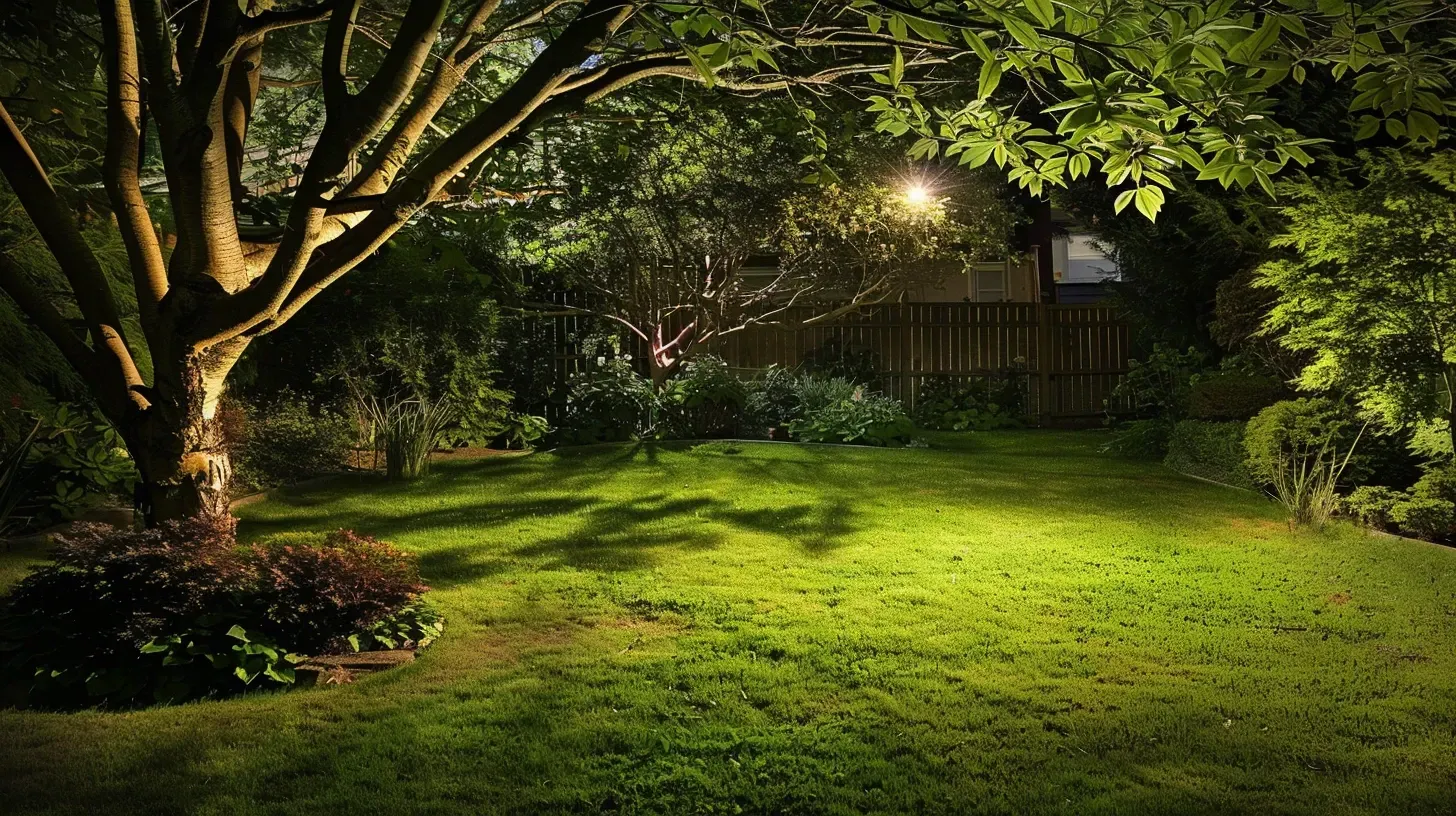 The dramatic shadows created by well-placed outdoor lighting in Surrey BC add visual interest to this Cloverdale garden. Keywords: landscape art, shadow play, creative lighting.