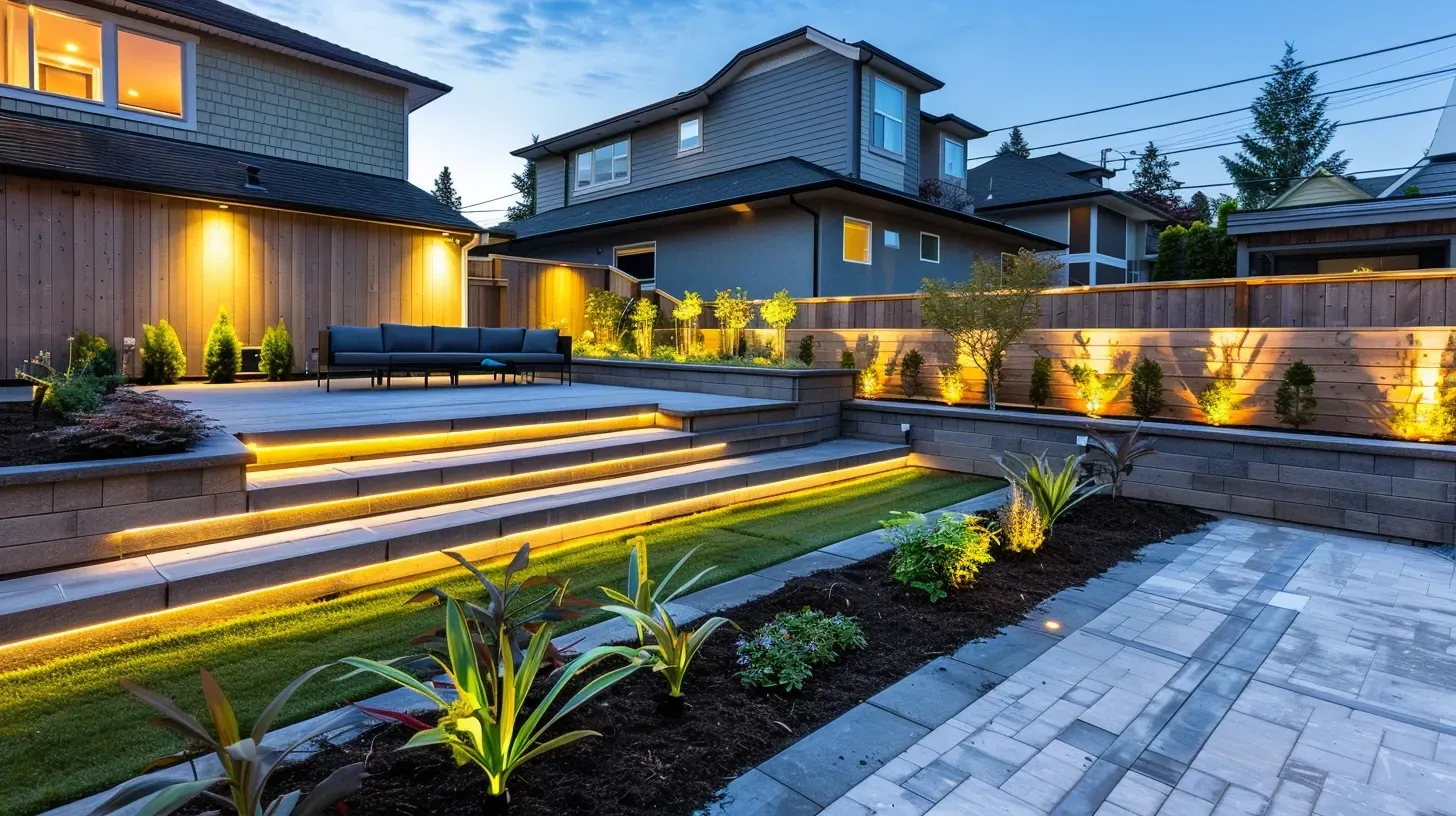 The pool area of this South Surrey home is surrounded by safety lighting in Surrey BC to prevent accidents. Keywords: pool safety, landscape lighting, accident prevention, Morgan Creek.