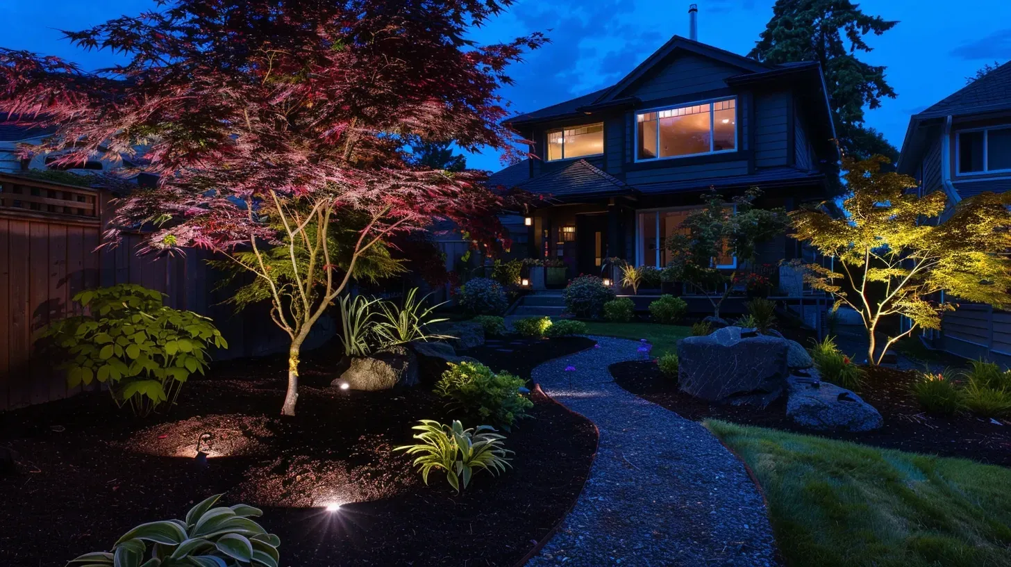 The warm, welcoming glow of professional outdoor lighting in Surrey BC. Our landscape lighting designs improve curb appeal in Guildford. Keywords: welcoming light, exterior ambiance, home exterior.