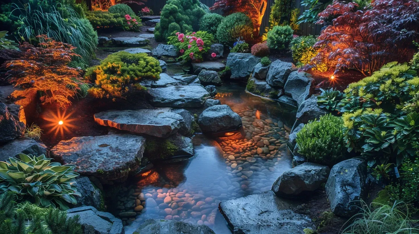 This multi-level yard in Surrey BC is safely navigated thanks to our outdoor lighting. We design for sloped properties in areas like Fraser Heights. Keywords: slope lighting, step lights, landscape safety.