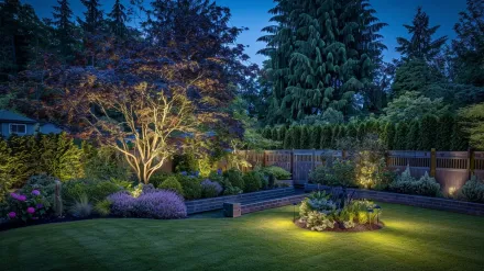 A beautiful water feature, expertly lit by our landscape lighting services Surrey BC. Our outdoor lighting services for ponds and fountains in Fleetwood are safe and waterproof. Keywords: water feature lighting, garden services, installation, Cloverdale.