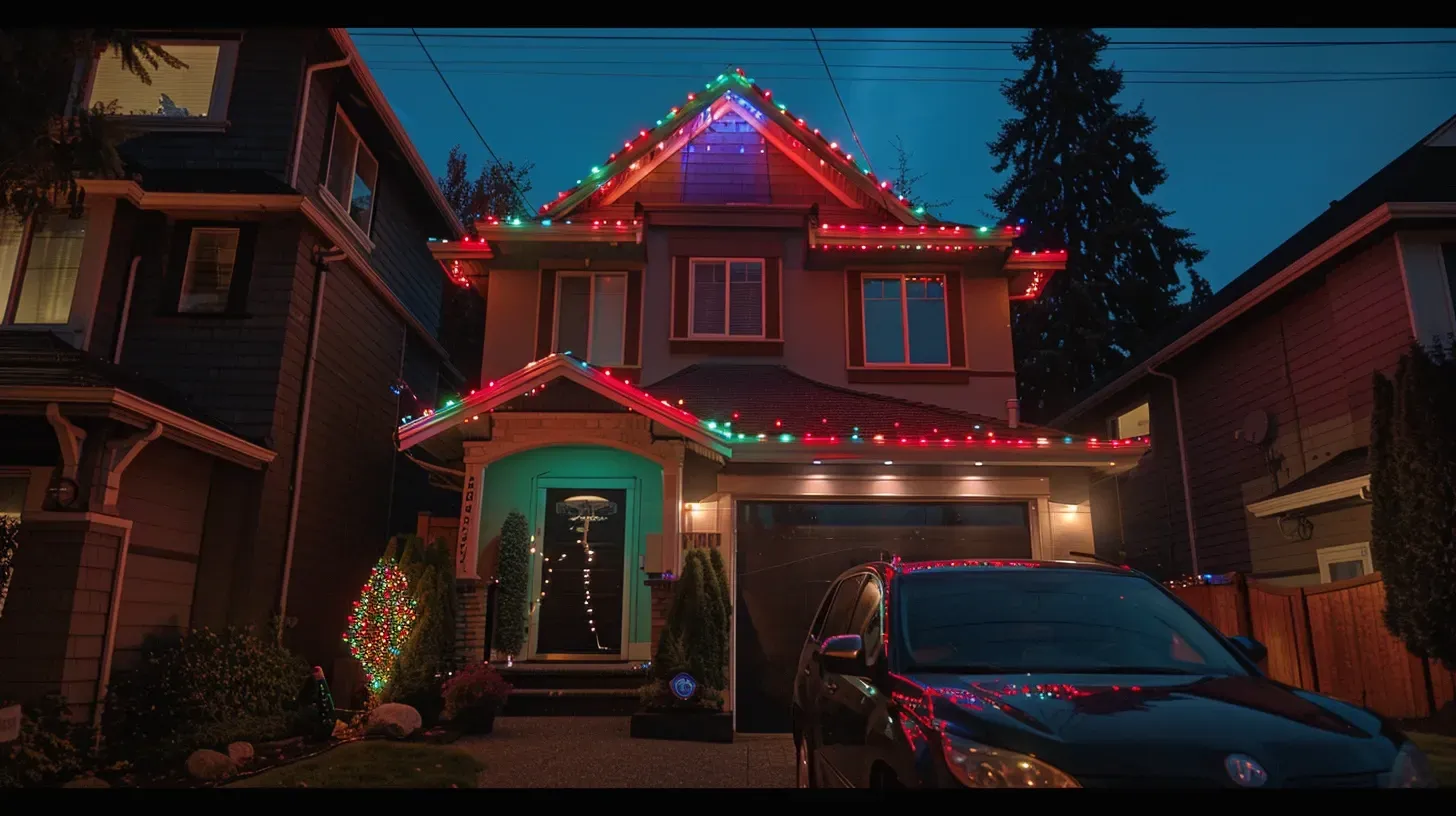 Icicle lights drip from the eaves in this classic Christmas and holiday lighting in Surrey BC display in Cloverdale. Keywords: icicle lights, traditional decor, classic look.