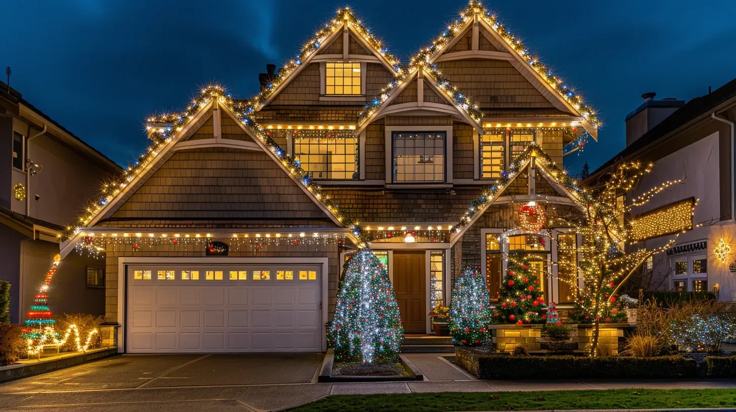 Home with illuminated gables and roof peaks