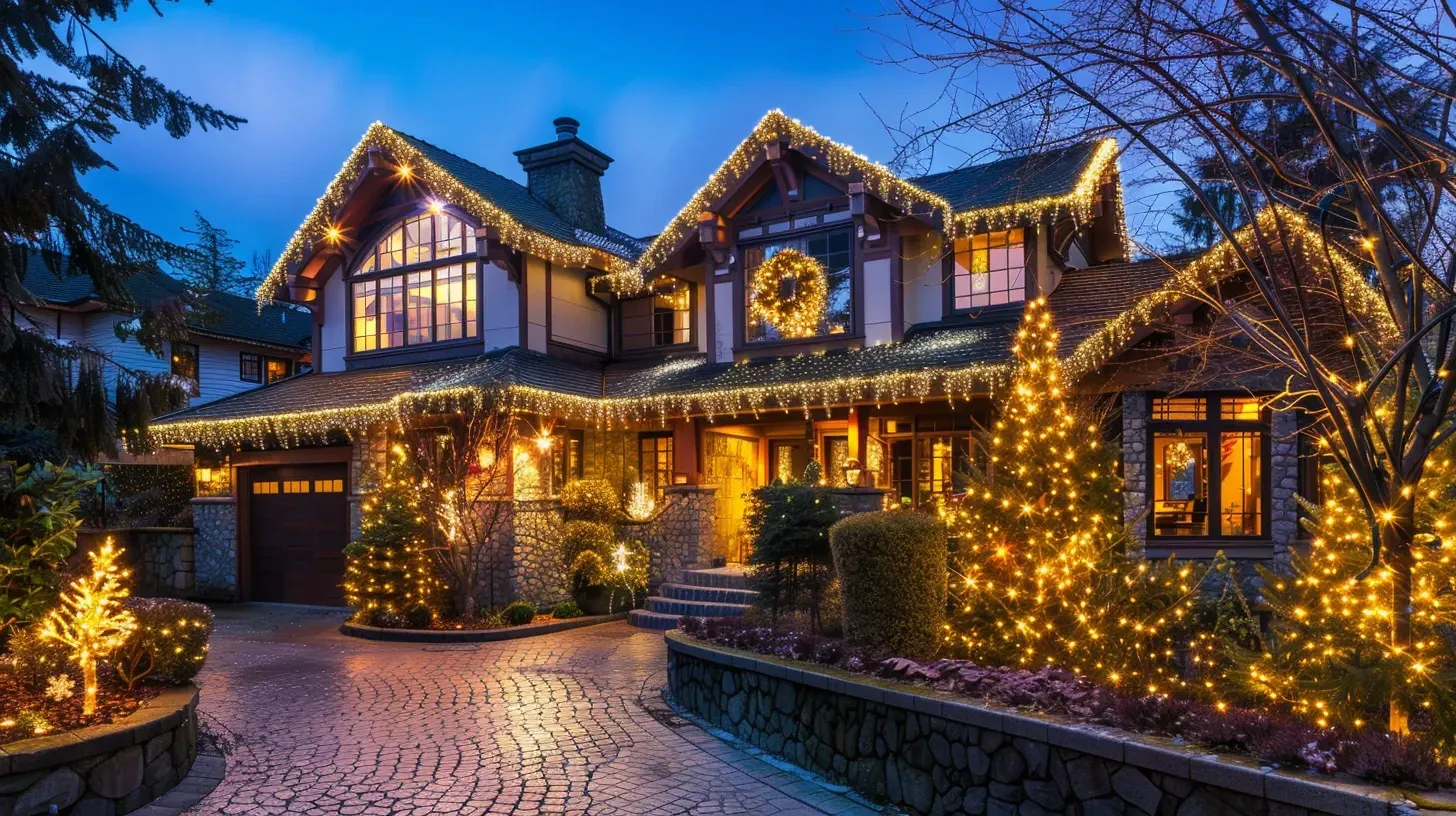 A panoramic view of a large estate with comprehensive architectural lighting in Surrey BC. Our exterior lighting designs in South Surrey create a cohesive, luxurious look. Keywords: luxury lighting, estate lighting, full property illumination.