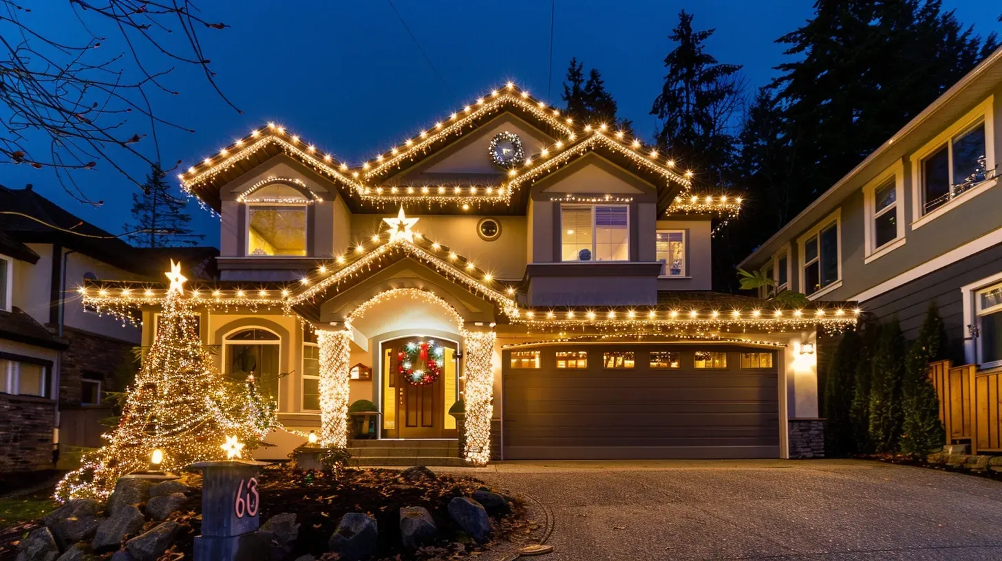 A charming pathway in Newton is lined with festive stakes, part of our Christmas and holiday lighting in Surrey BC service. Keywords: pathway lights, landscape decor, festive walkways.