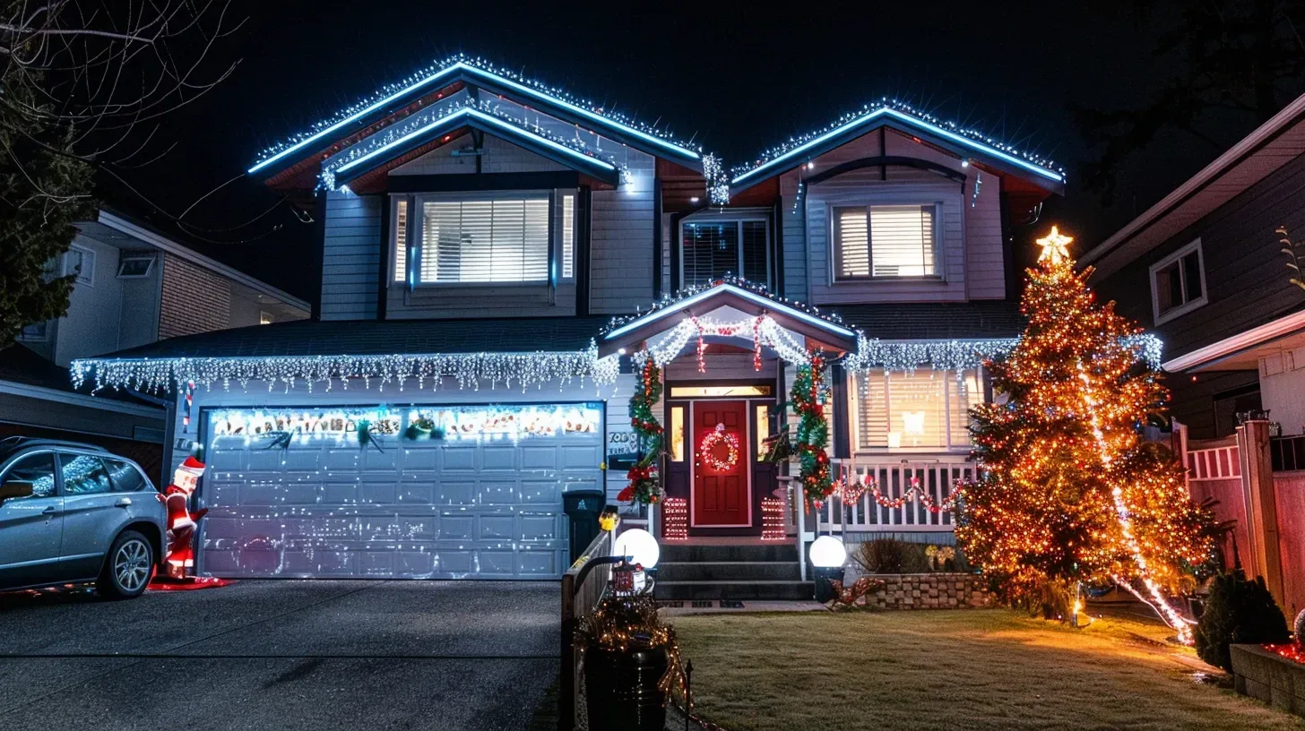 This entire street in a South Surrey neighborhood features our Christmas and holiday lighting installations. We handle large, coordinated projects. Keywords: neighborhood lighting, community project, strata lighting, Crescent Beach.