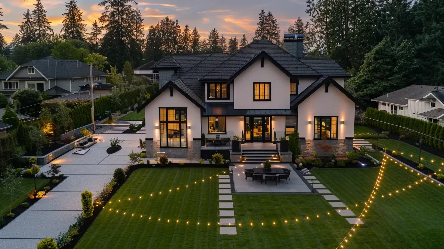 A focus on architectural features with this landscape lighting installation Surrey BC. Our Surrey BC outdoor lighting installation enhances curb appeal in Cloverdale. Keywords: architectural lighting, curb appeal, uplighting, installation.