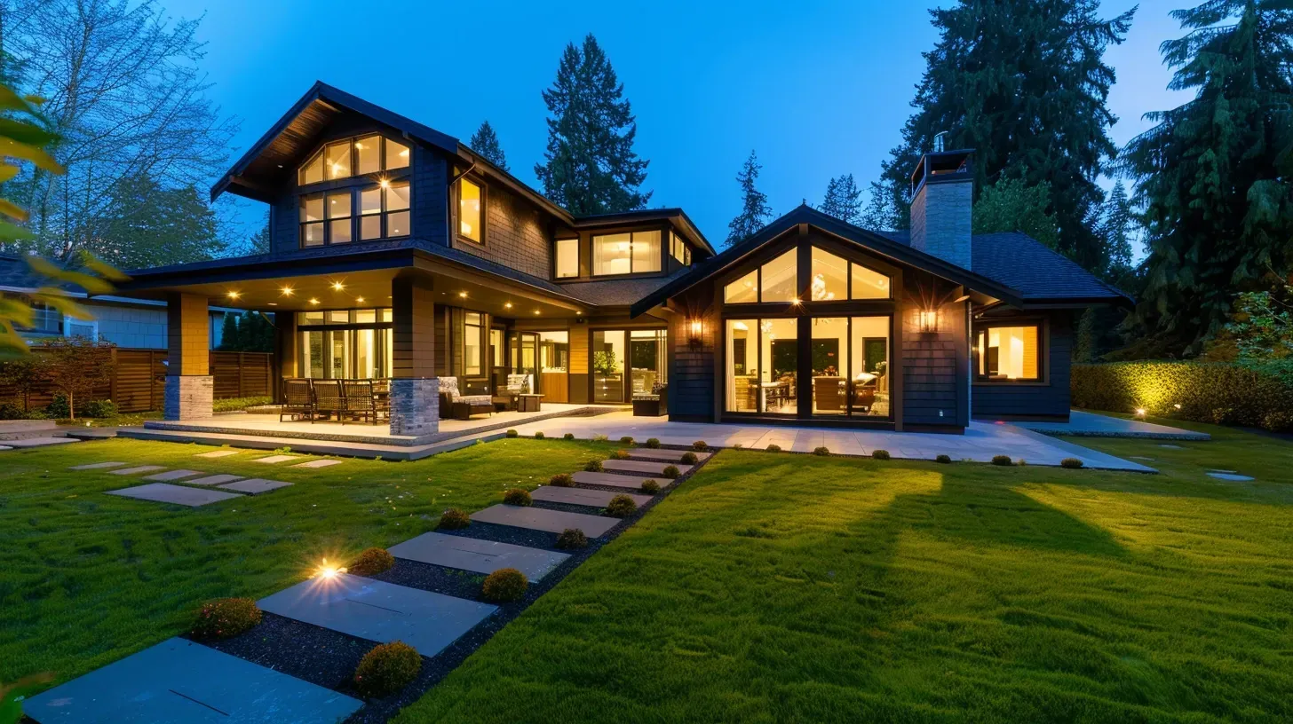 Before and after a complete landscape lighting Surrey in Metro Vancouver transformation. This South Surrey yard is now an oasis. Our outdoor lighting services are available across Surrey and the Metro Vancouver area. Keywords: landscape transformation, backyard lighting, Morgan Creek.
