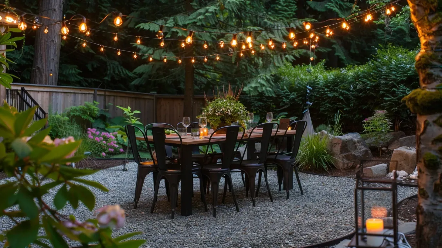 A charming walkway in Guildford is guided by low-hanging bistro lighting in Surrey BC. Our string lights can be used to define paths. Keywords: walkway lighting, path definition, creative lighting.