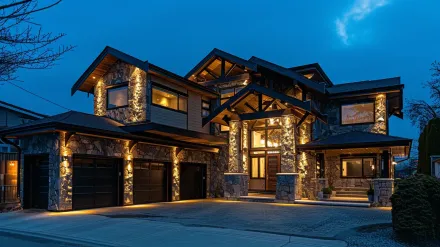 This Surrey landscape lighting system in Morgan Creek features integrated deck and step lights. Our landscape lighting Surrey hardscape solutions are seamless and safe. Keywords: deck lighting, step lights, hardscape lighting, South Surrey.