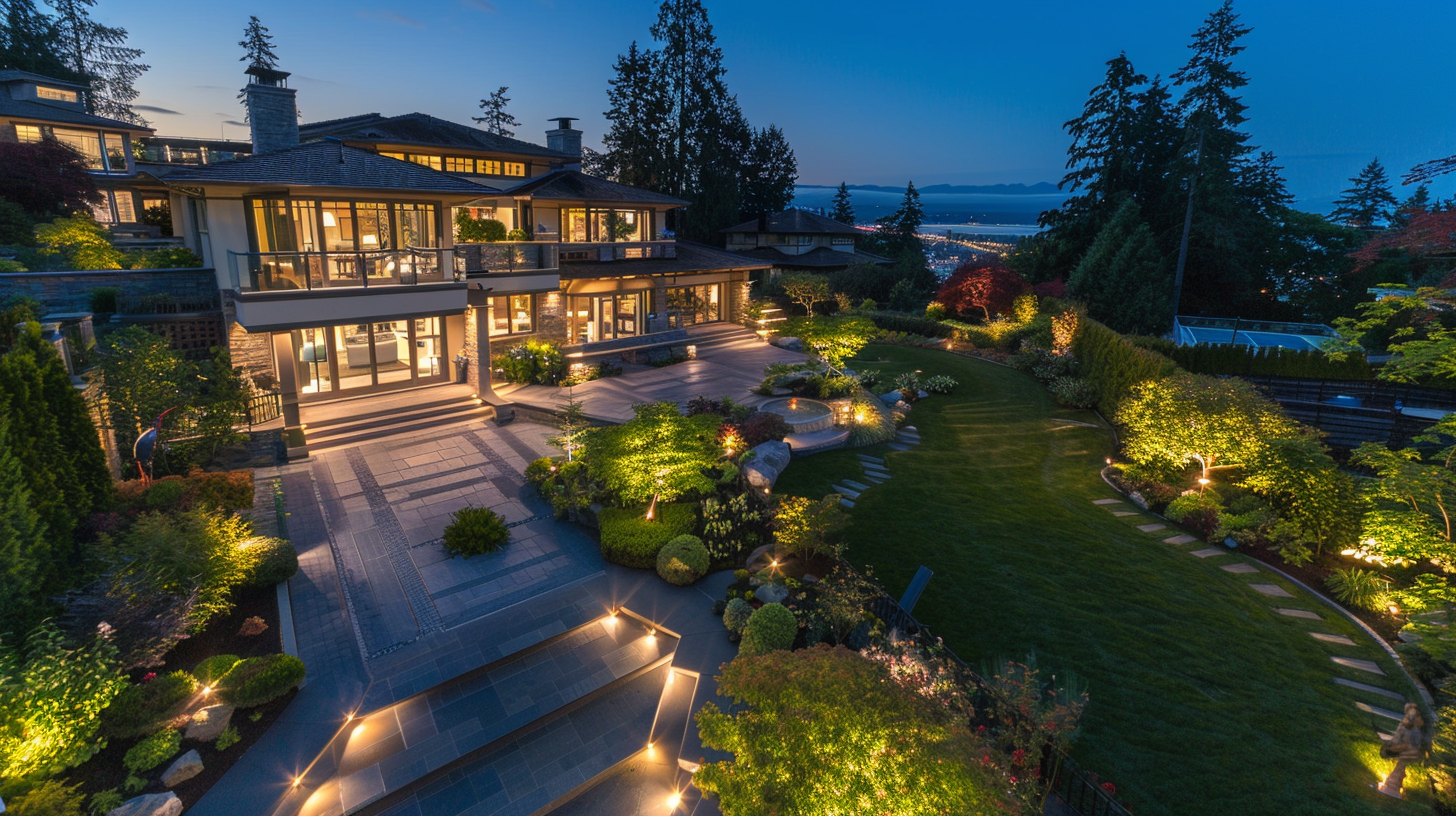 Residential Surrey holiday lighting services with custom LED Christmas displays. Roofline outlines, tree wrapping, and shrub lights create stunning outdoor decorations.