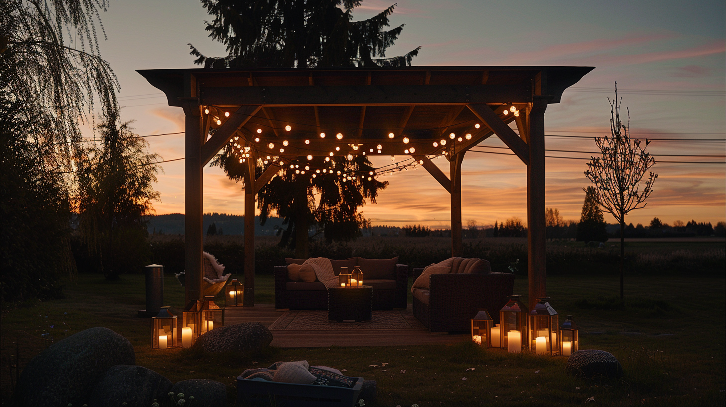 Outdoor Surrey holiday lighting featuring LED roofline outlines, shrub decorations, and patio setups.