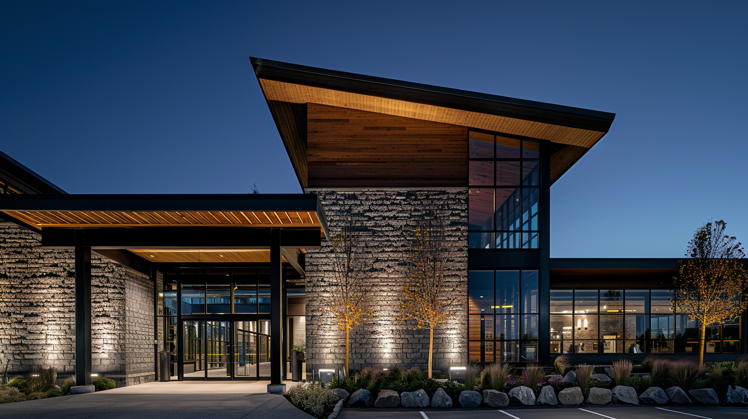 Commercial Surrey Christmas lighting installation with LED roofline outlines, shrub displays, and icicle lights.