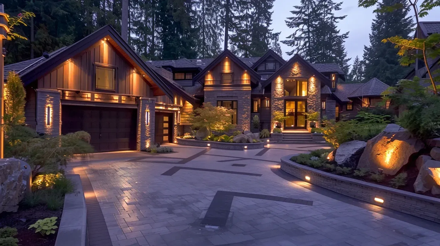 This beautiful pathway lighting is the result of our professional landscape lighting services Surrey BC. Our outdoor lighting services for walkways in Guildford enhance safety and beauty. For path and garden lighting services, call our team. Keywords: path lighting, walkway safety, installation services.