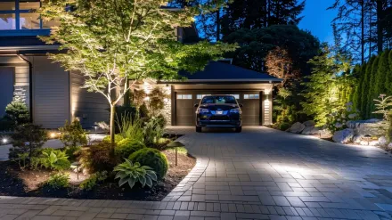 Stunning architectural lighting by our Surrey landscape lighting design team. This landscape lighting Surrey project in Grandview Heights enhances curb appeal. The best outdoor lighting for homes in South Surrey. Keywords: architectural lighting, uplighting, curb appeal, Surrey landscape lighting.