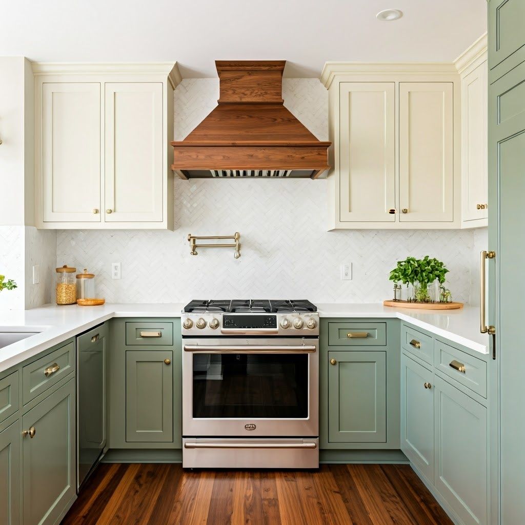 A kitchen with stainless steel appliances and green cabinets