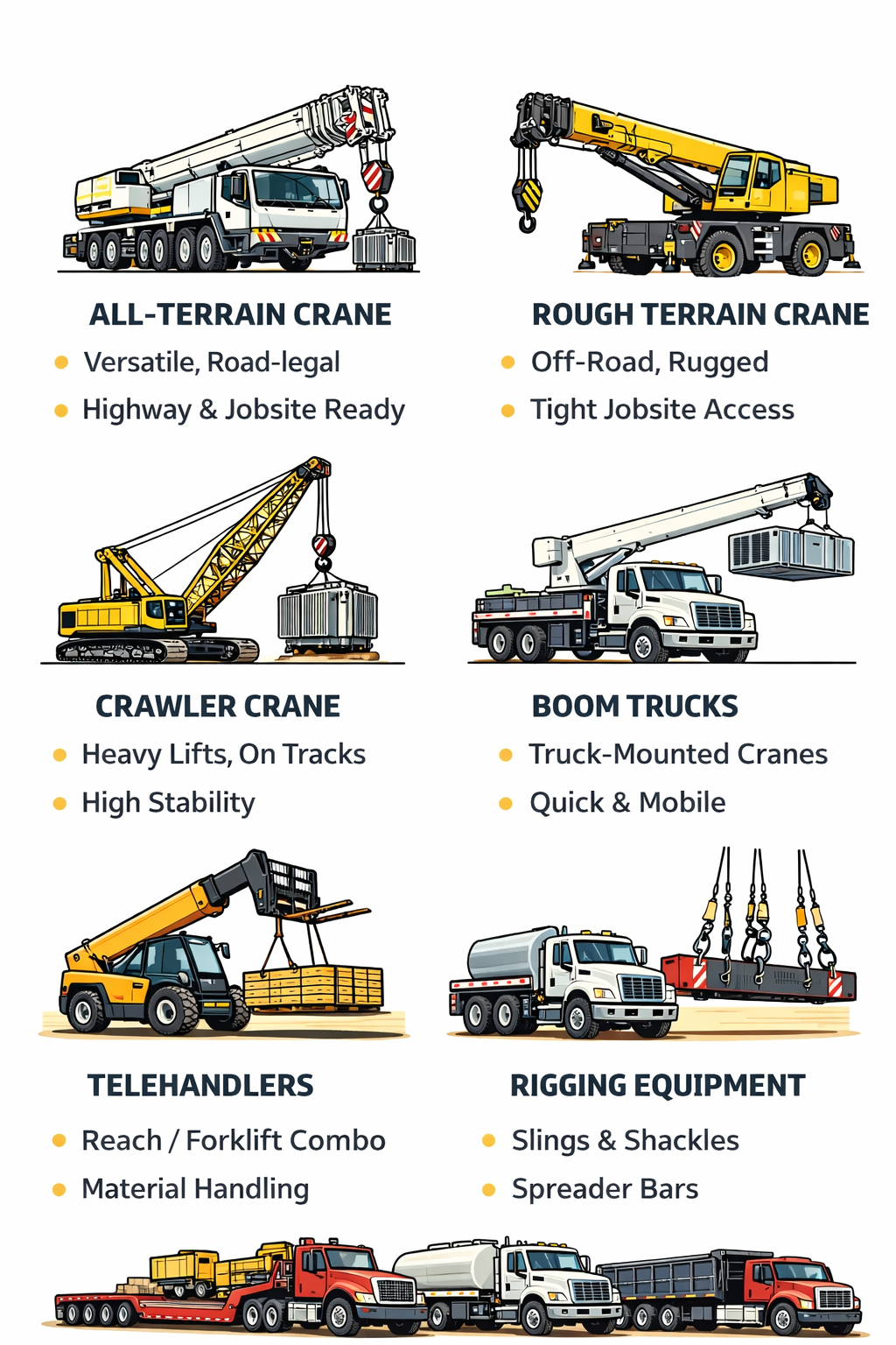 Illustrative guide of various types of cranes, boom trucks, telehandlers, and rigging equipment with associated text.