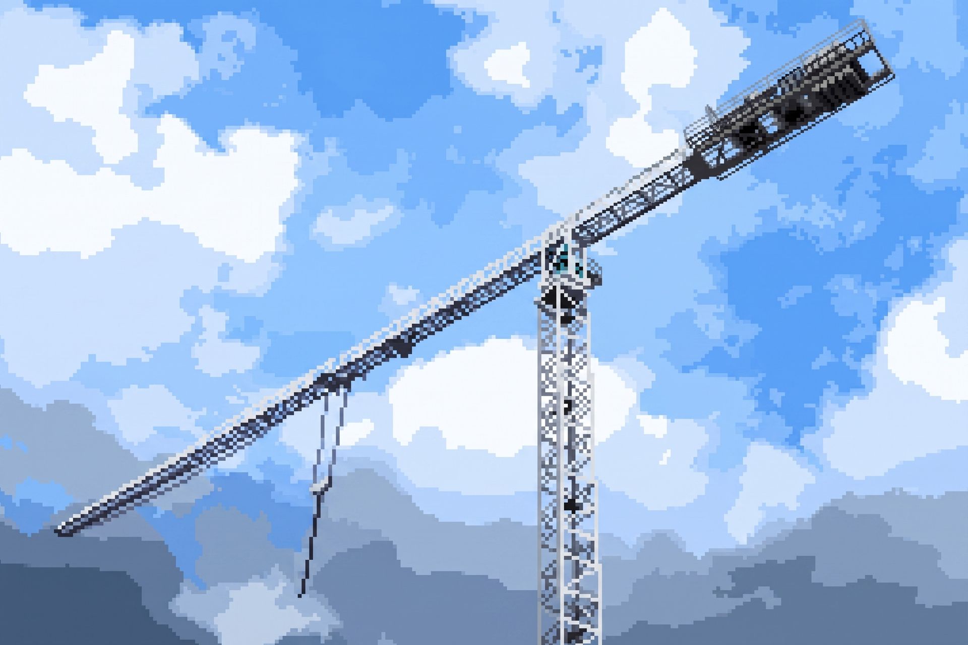 Tower crane boom against a blue sky with clouds and mountains in the background