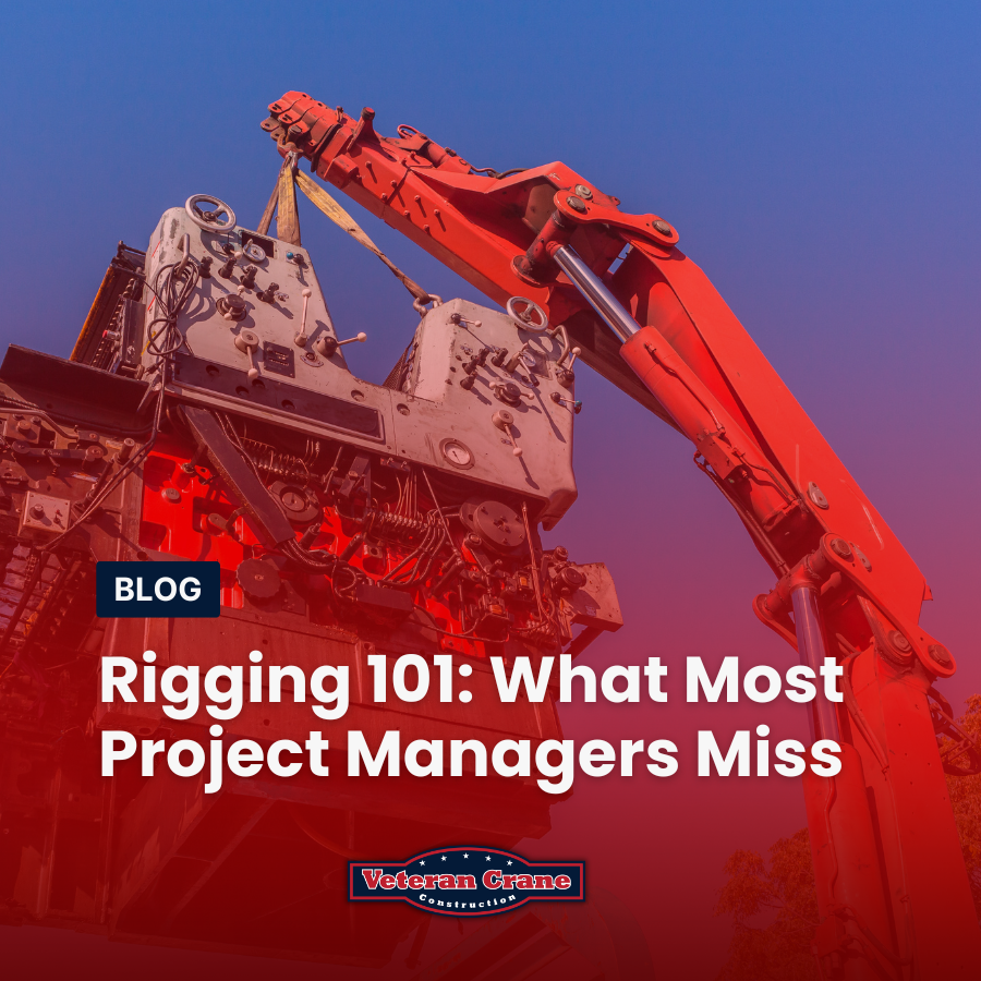 A red crane lifting a heavy industrial machine, with a blue and red gradient background and text about a rigging blog