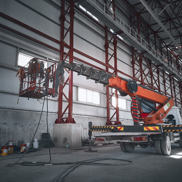 Orange aerial lift extending toward interior industrial building ceiling.