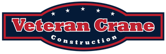 Logo for Veteran Crane Construction in a navy blue, red, and white color scheme.