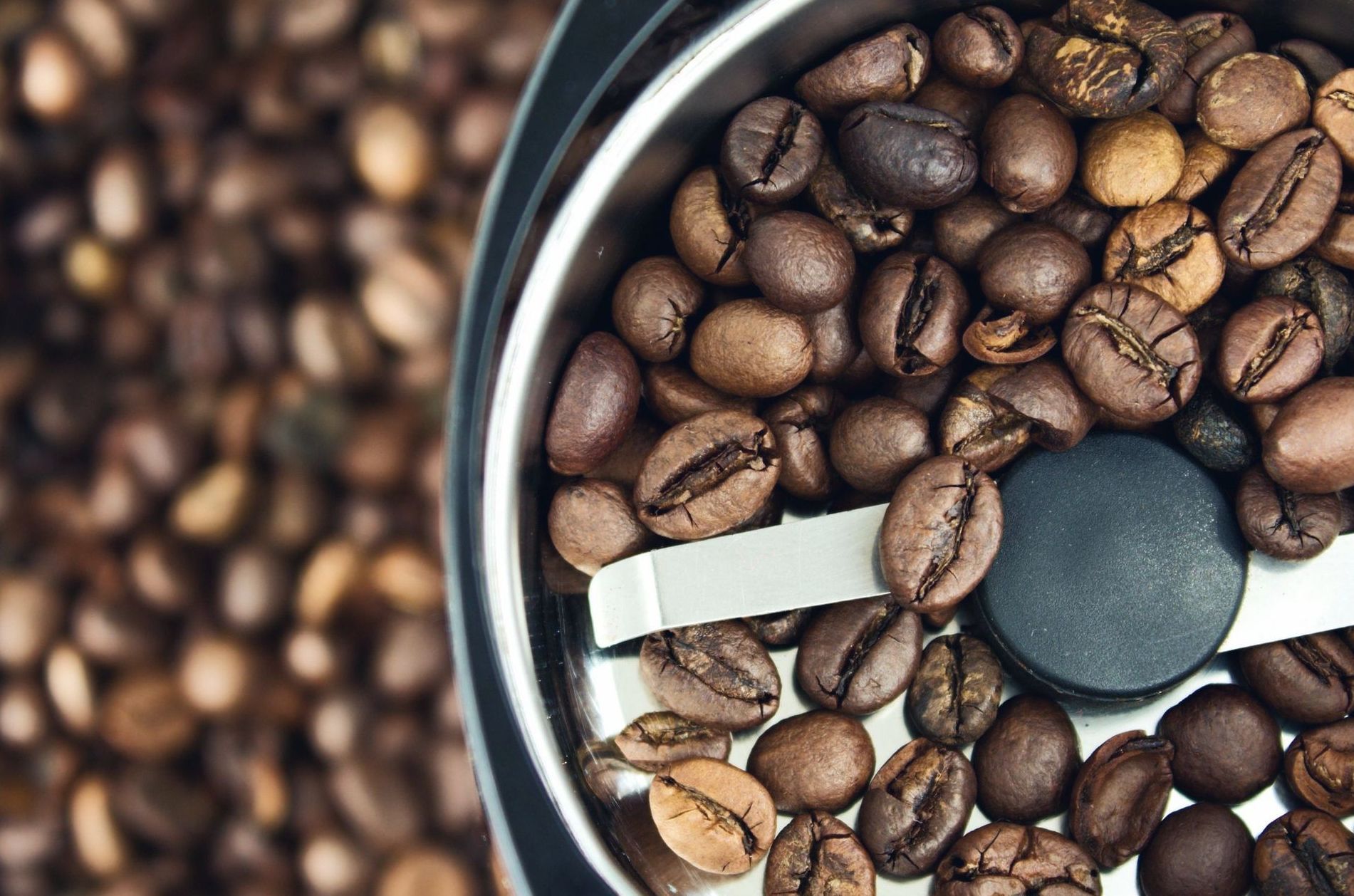 A close up of a coffee grinder filled with coffee beans.