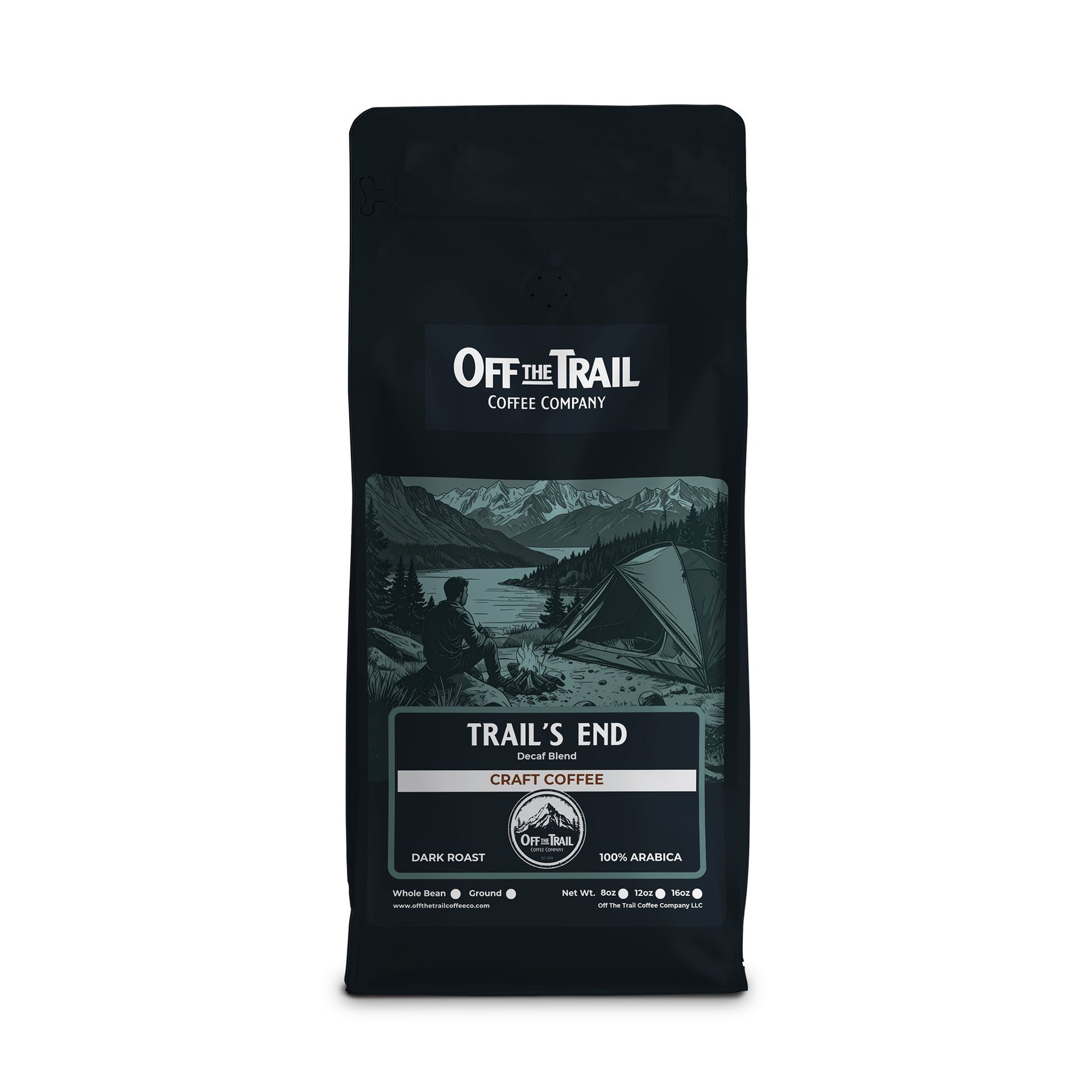 Black bag of "Trail's End" coffee. Shows a person at a campsite near a lake and mountains.