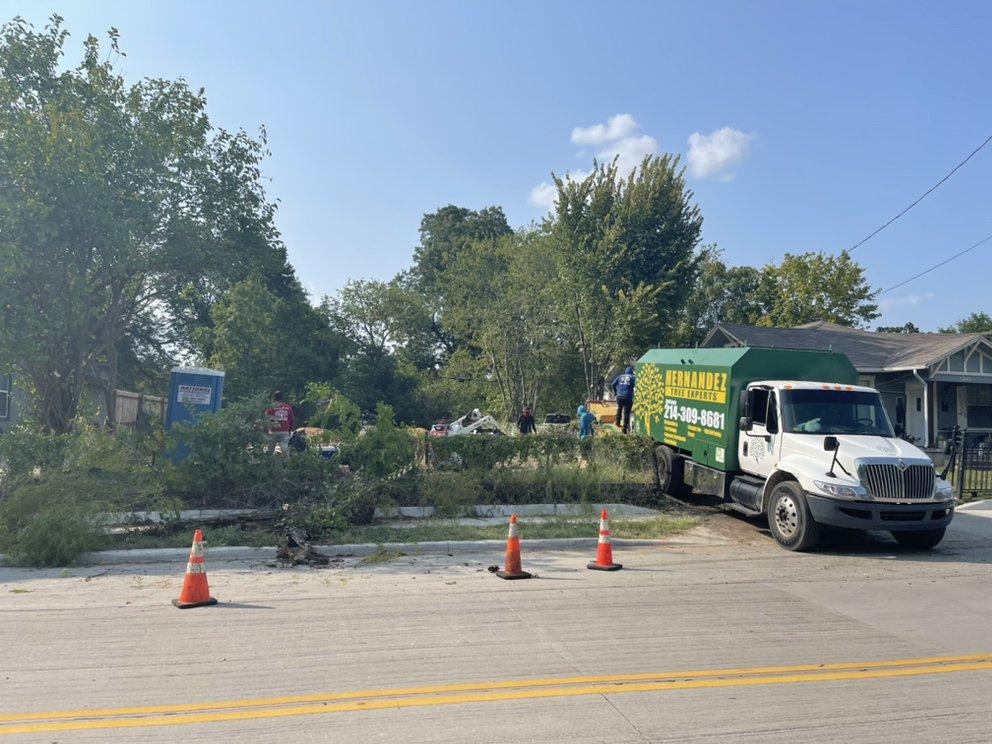 A green and white truck is parked on the side of the road.