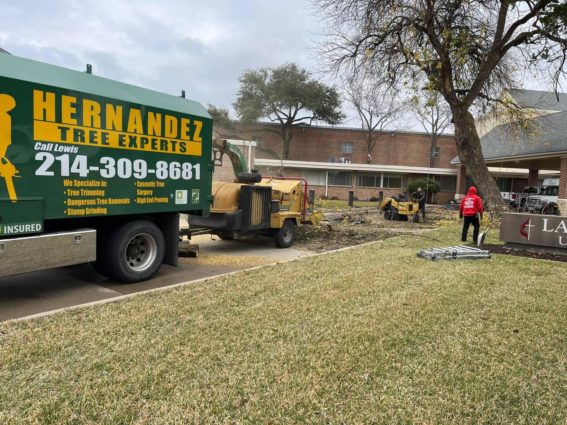 A hernandez tree experts truck is parked in front of a house.