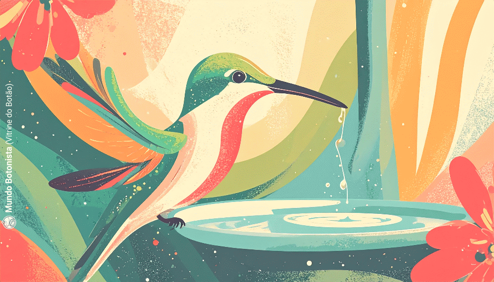 A colorful painting of a hummingbird drinking water from a bowl.