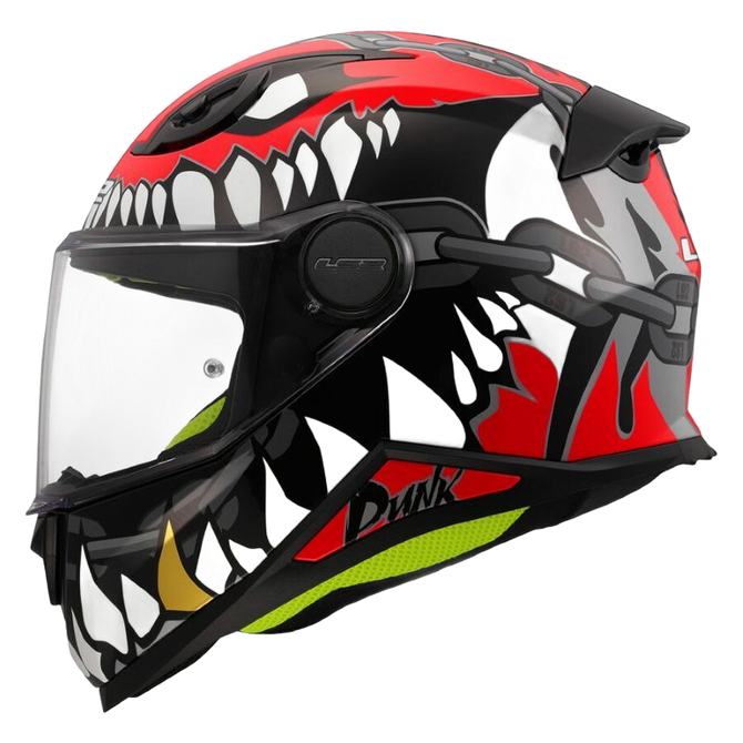 Casco da motocross rosso, nero e bianco con grafica a forma di bocca di squalo e visiera trasparente.