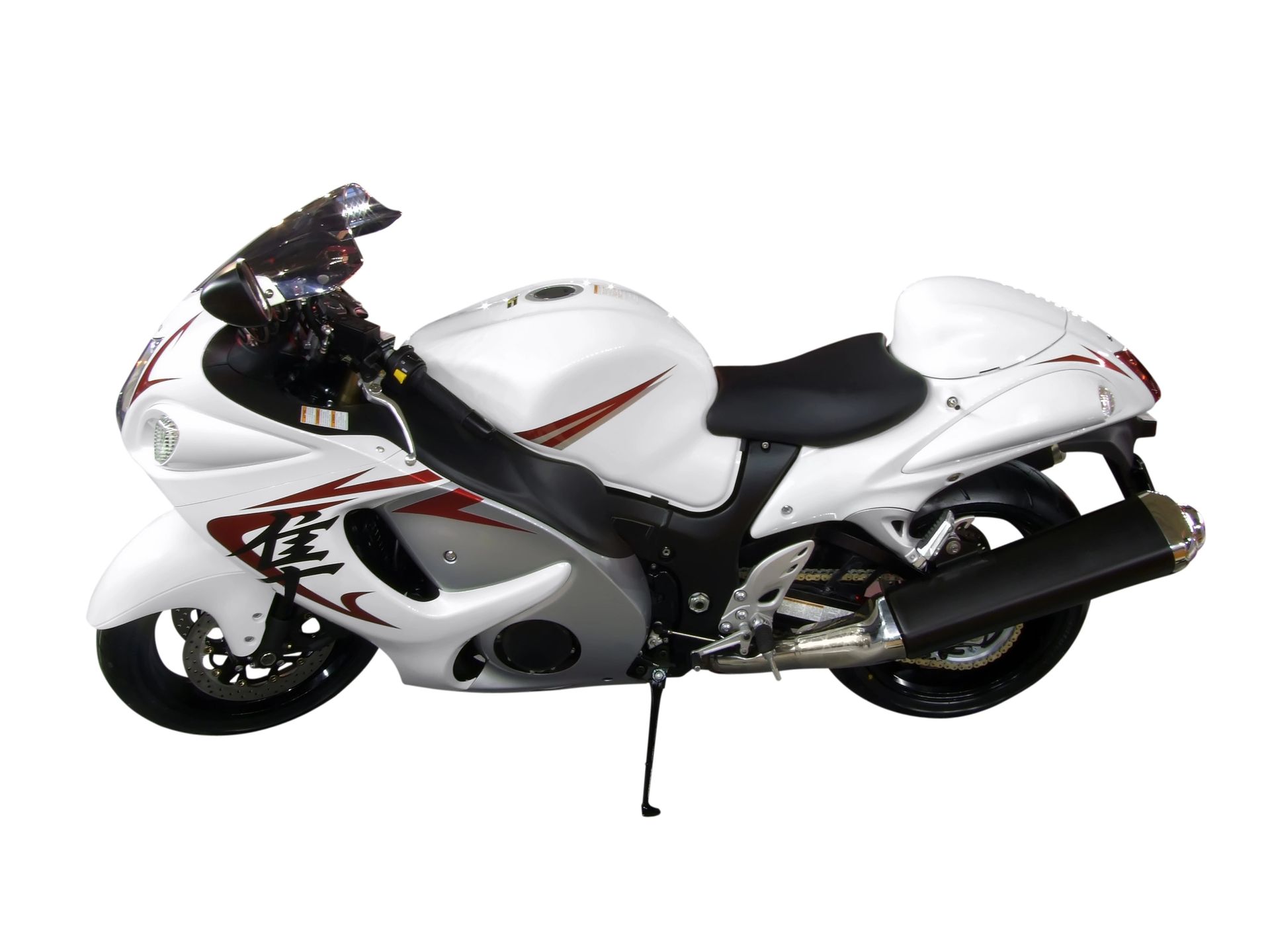 Motocicletta sportiva bianca con dettagli neri su sfondo bianco