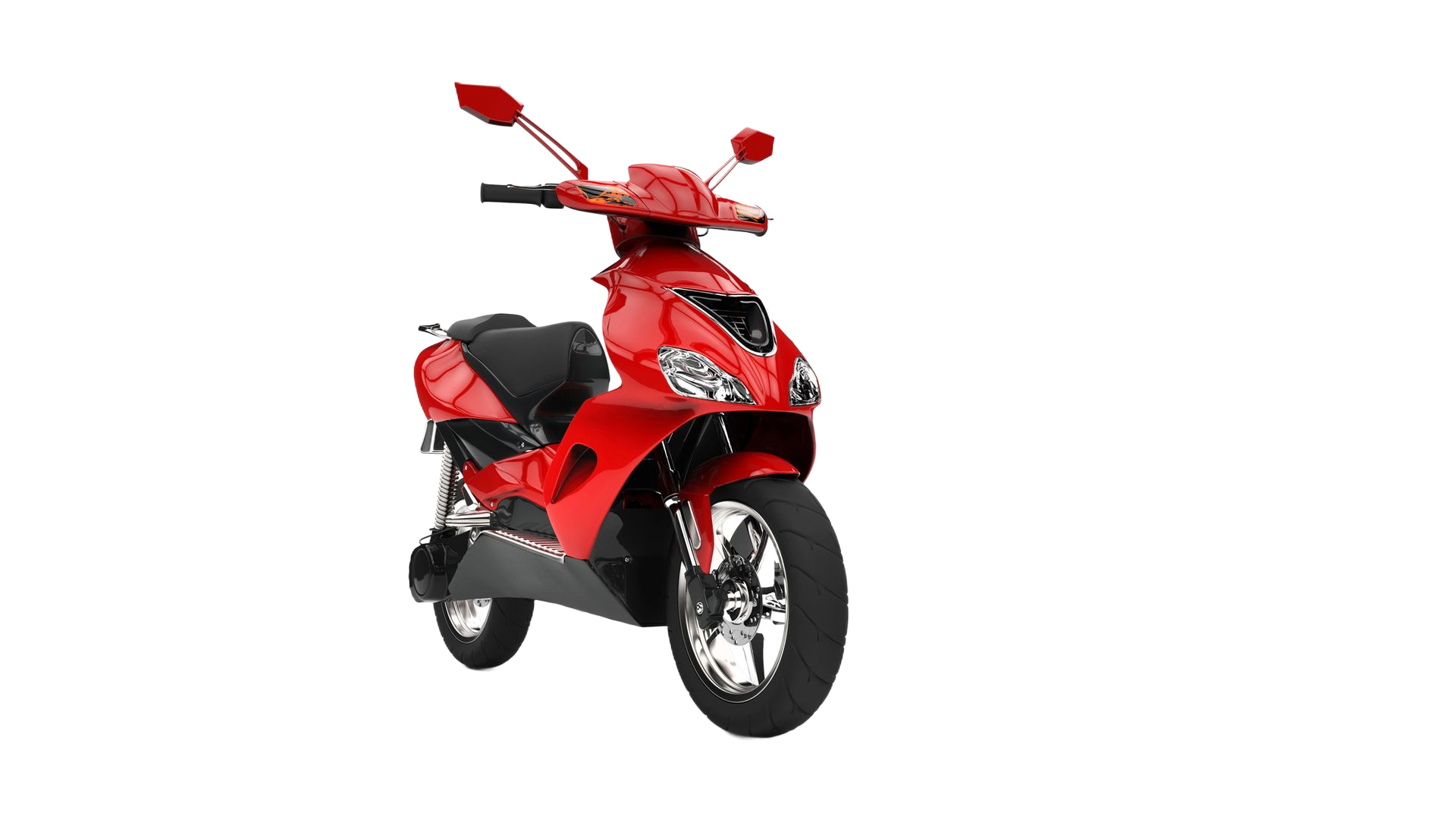 Monopattino rosso con sella e ruote nere su sfondo bianco.