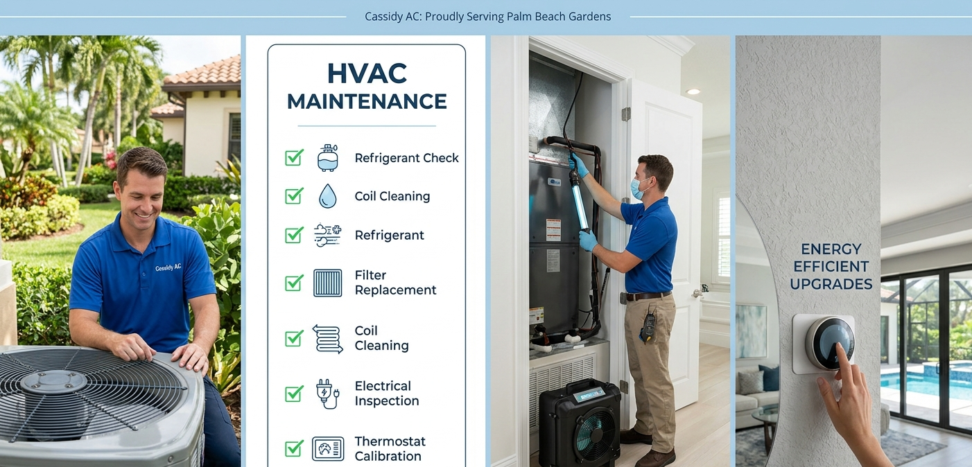 Professional Cassidy AC technician performing HVAC maintenance and energy-efficient thermostat upgrades for a home in Palm Beach Gardens, Florida.