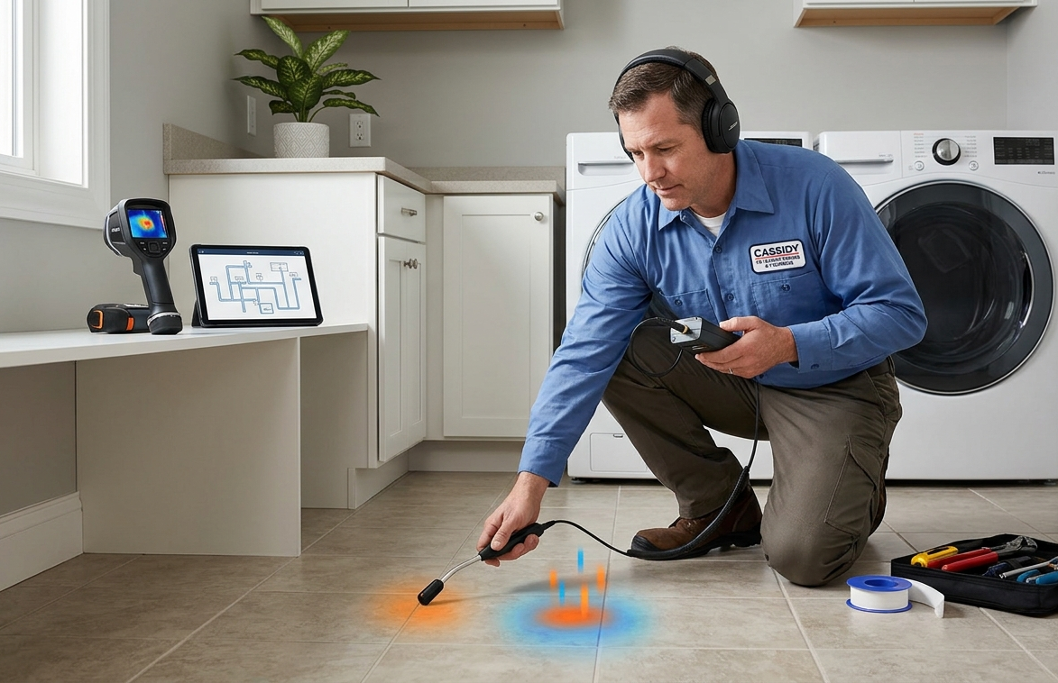 Professional plumber using acoustic electronic equipment to locate a hidden floor slab leak.