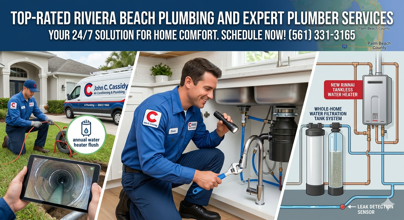 Professional plumber inspecting kitchen sink pipes with a flashlight, featuring a John C. Cassidy se