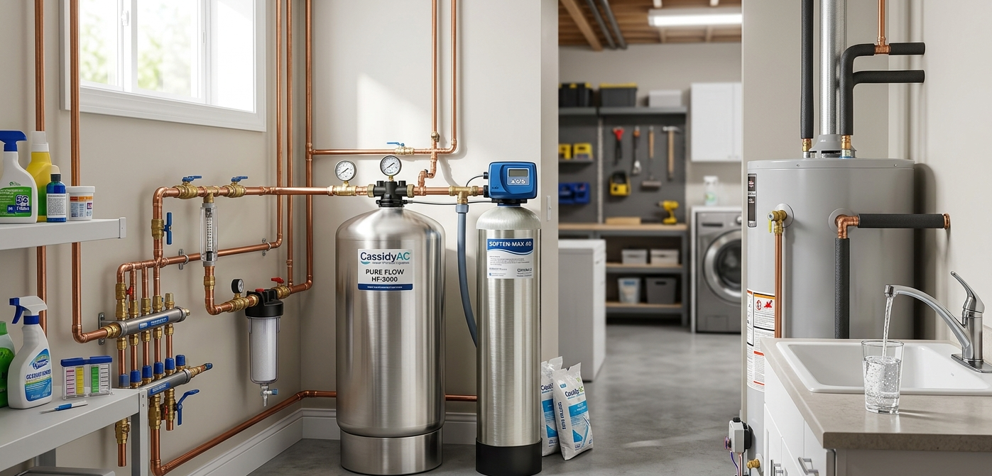 Professionally installed whole-home water filtration system and water softener in a basement.