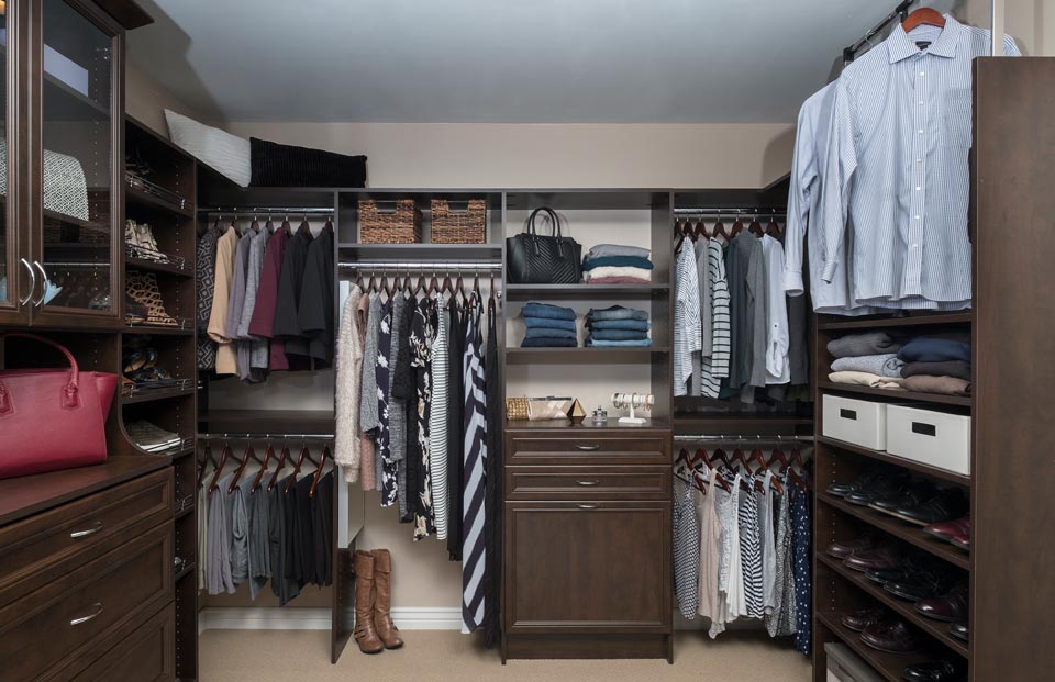 Custom Walk In Closet with a Chocolate Pear Finish