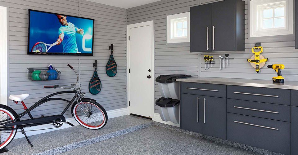 Custom Garage Cabinets with a Slate Finish & Wall Organizers