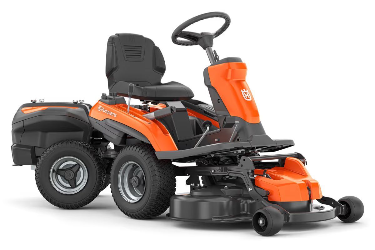 Orange Husqvarna riding lawn mower on a white background, with a black seat and cutting deck.