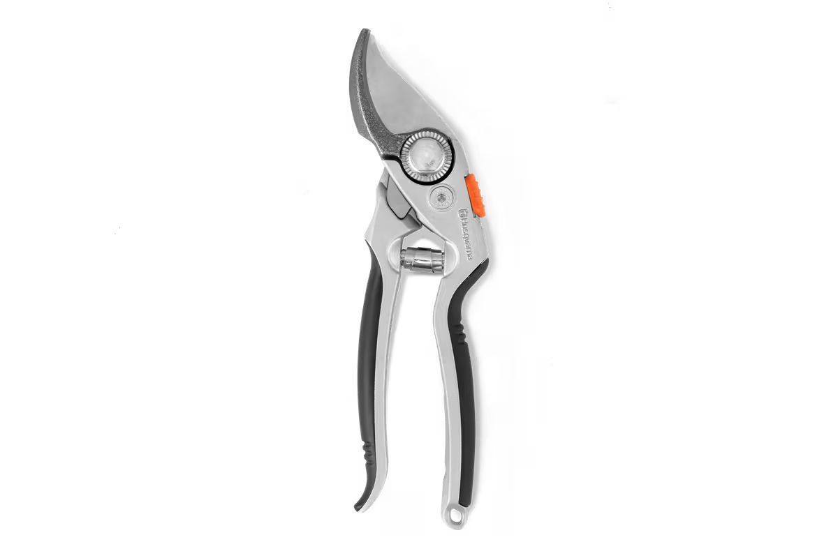 Hand pruners, silver blades with black handles and orange accent.