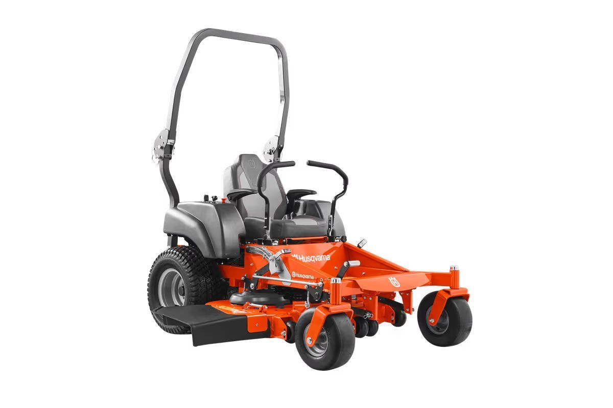 Orange and gray Husqvarna zero-turn lawn mower.