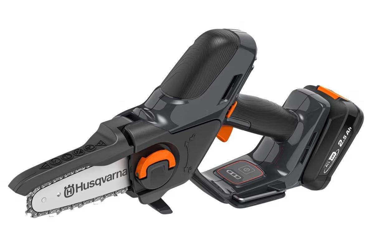 Husqvarna battery-powered handheld chainsaw, gray and black, with an orange power button and battery.