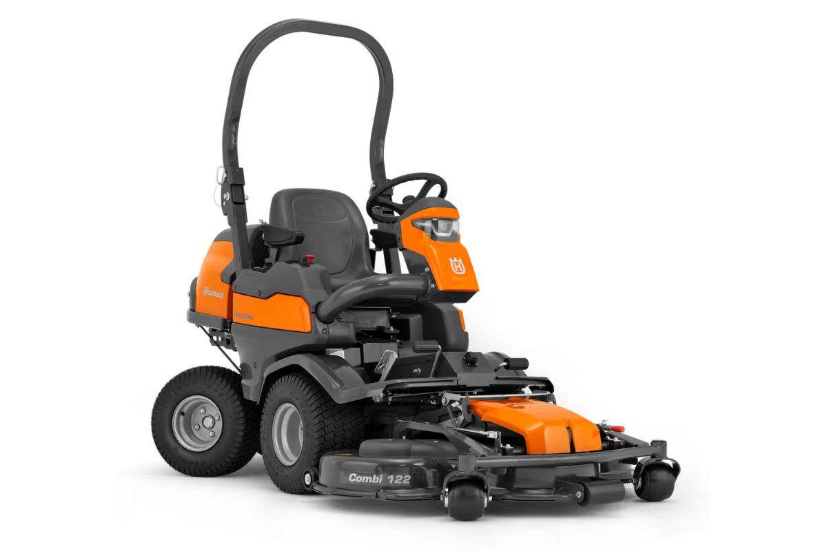 Orange and black Husqvarna stand-on zero-turn lawnmower with a wide mowing deck.
