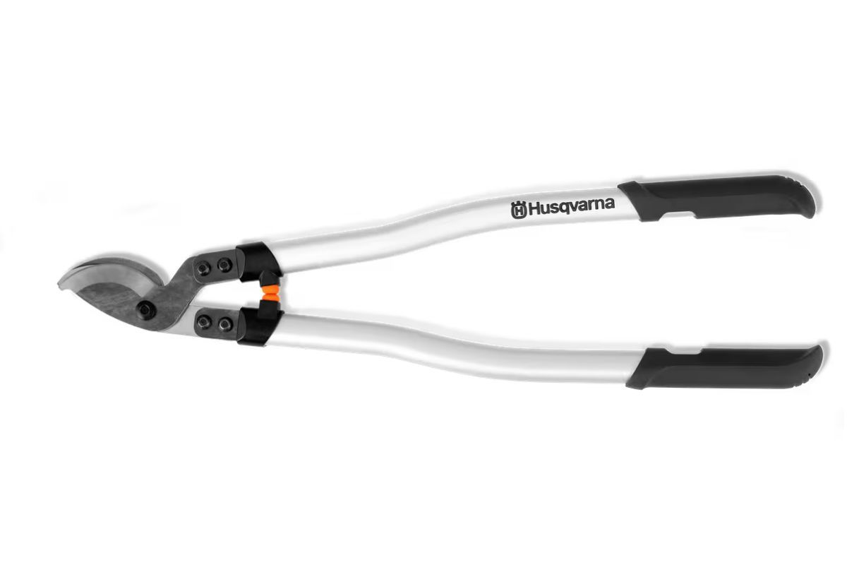 Silver Husqvarna lopping shears with black handles, open and ready for use.
