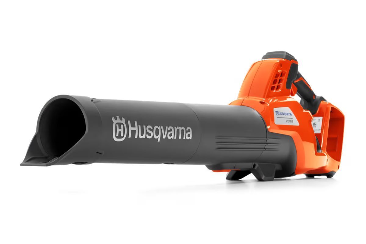 Orange and gray Husqvarna handheld leaf blower.