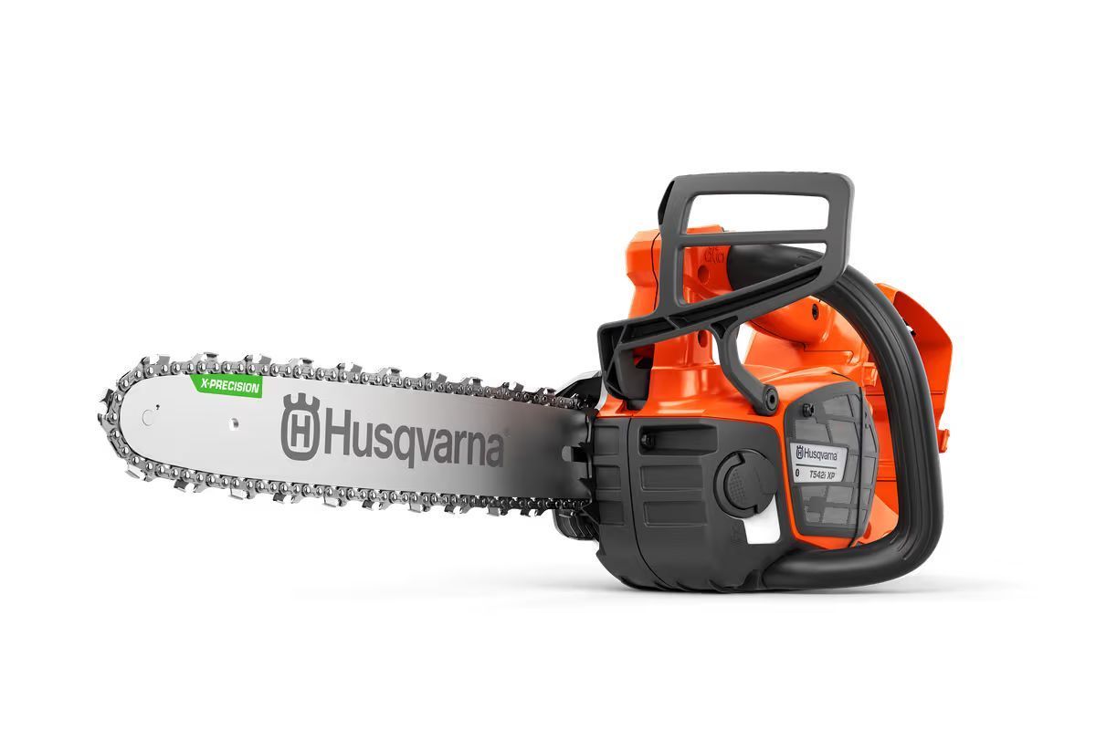 Orange and black Husqvarna chainsaw on a white background.