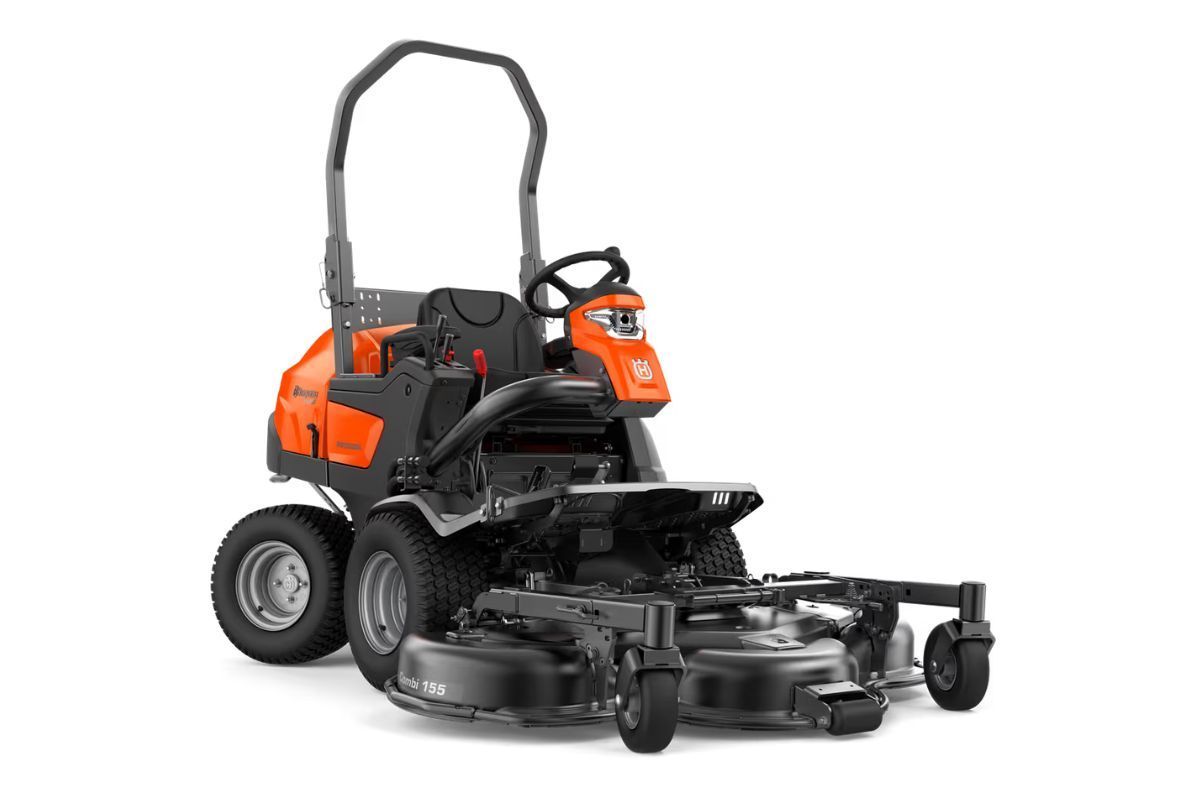 Orange and black Husqvarna stand-on mower on a white background.