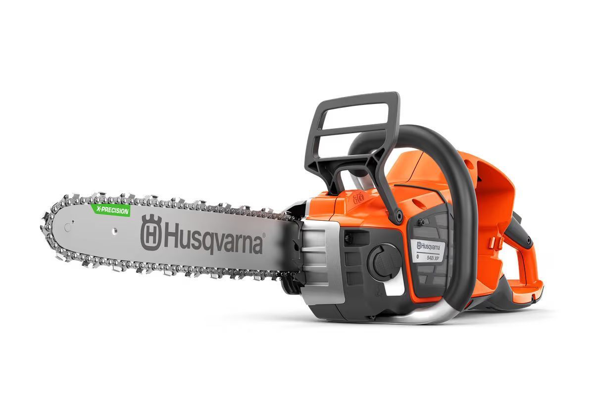 Orange Husqvarna chainsaw with silver blade and black handle.